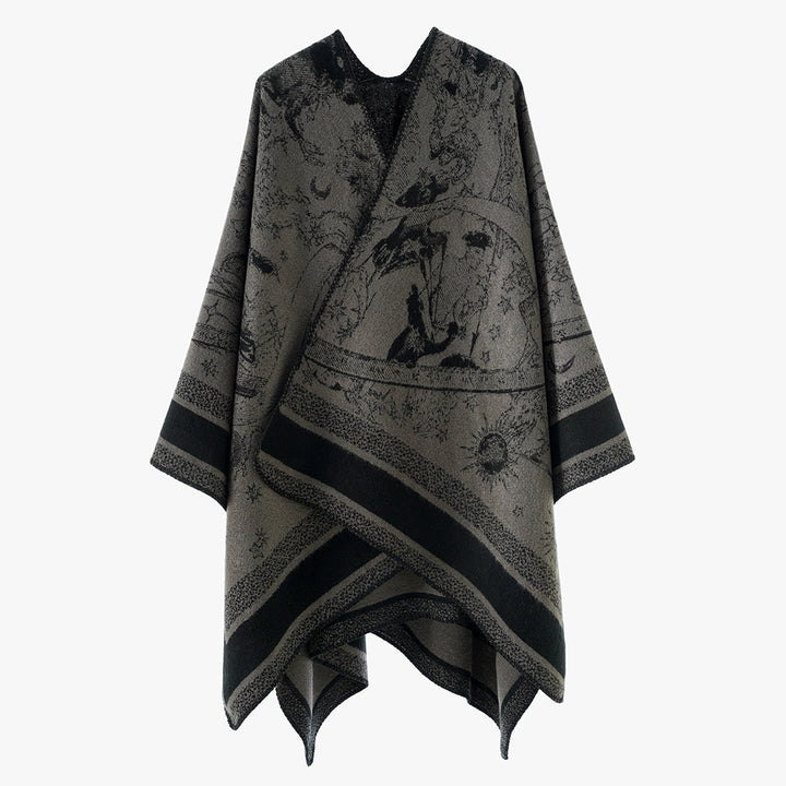Damen Oversize-Jacquard-Capeponcho aus Wollmix mit V-Ausschnitt und himmlischem Motiv Drune