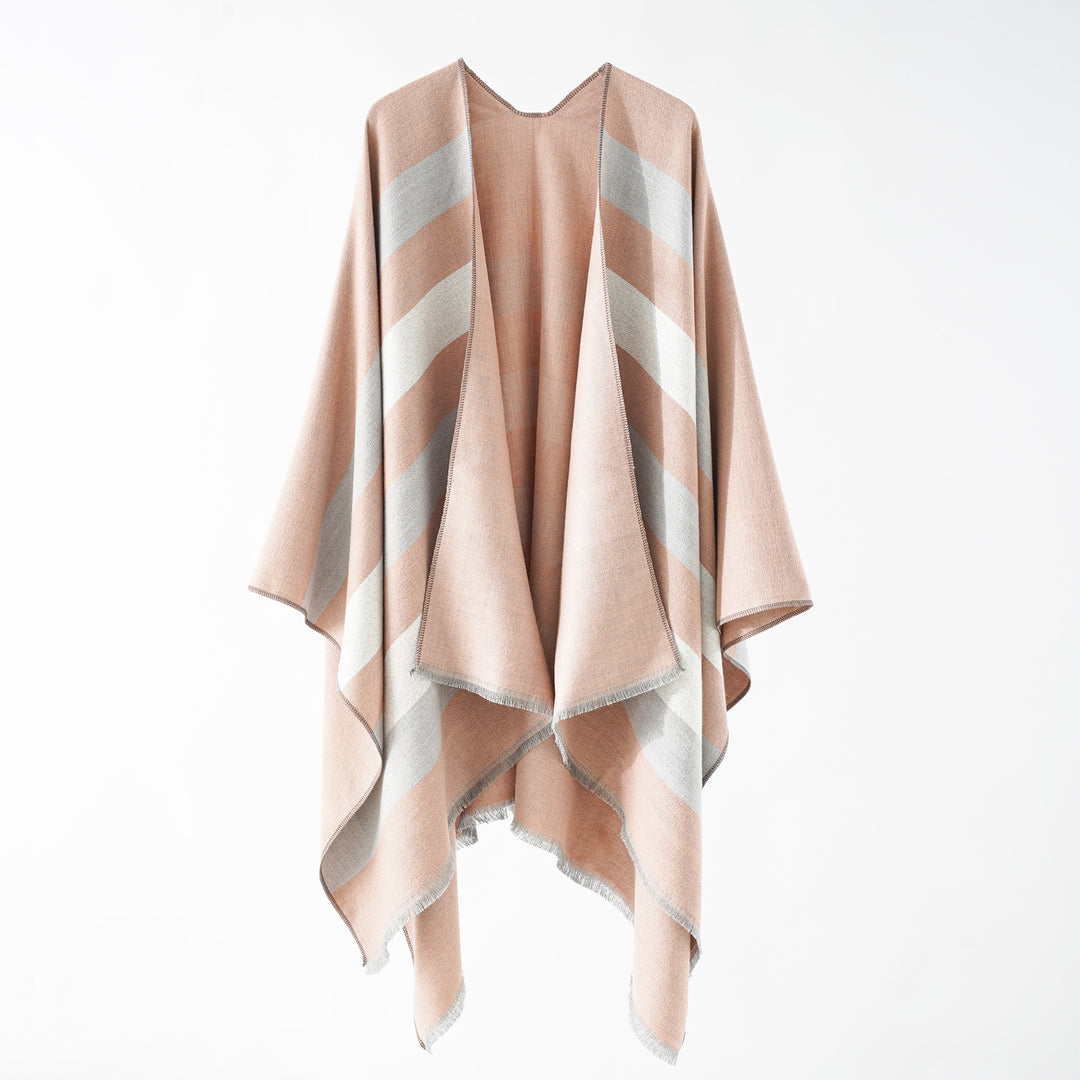 Damen Feiner Wollmix‑Capeüberwurf mit diagonaler Streifenstruktur und Fransensaum Drune