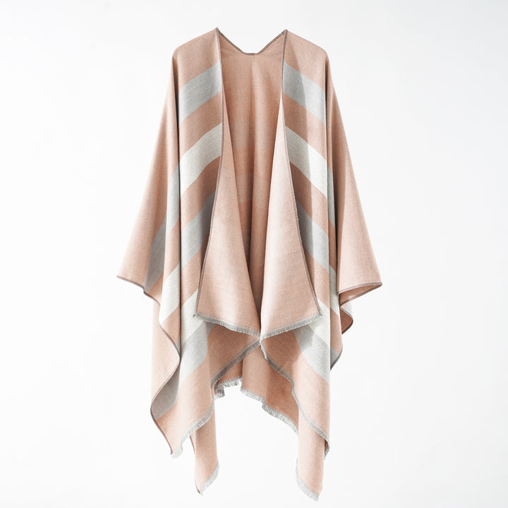Damen Feiner Wollmix‑Capeüberwurf mit diagonaler Streifenstruktur und Fransensaum Drune