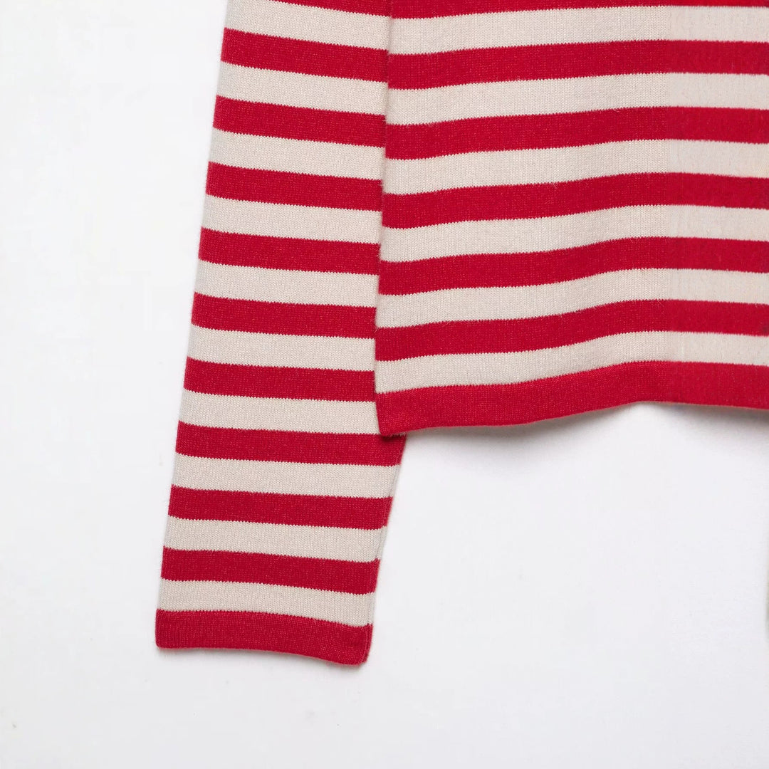 Damen gestreifter Feinstrick-Cardigan mit Stehkragen und durchgehender Knopfleiste Drune