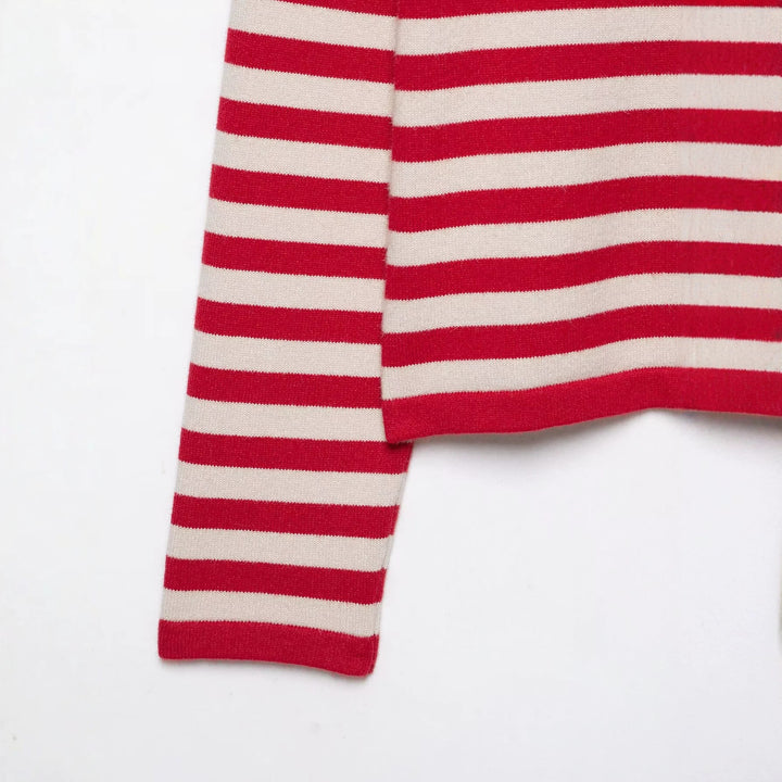 Damen gestreifter Feinstrick-Cardigan mit Stehkragen und durchgehender Knopfleiste Drune