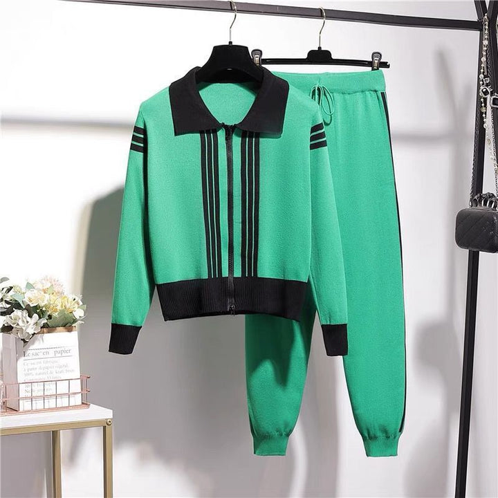 Damen modisches Strick-Loungewear-Set mit Reißverschluss und sportlichen Details Drune