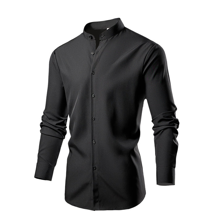 Herren elegantes Langarmhemd mit stehendem Kragen und modernen Knopfdetails Drune