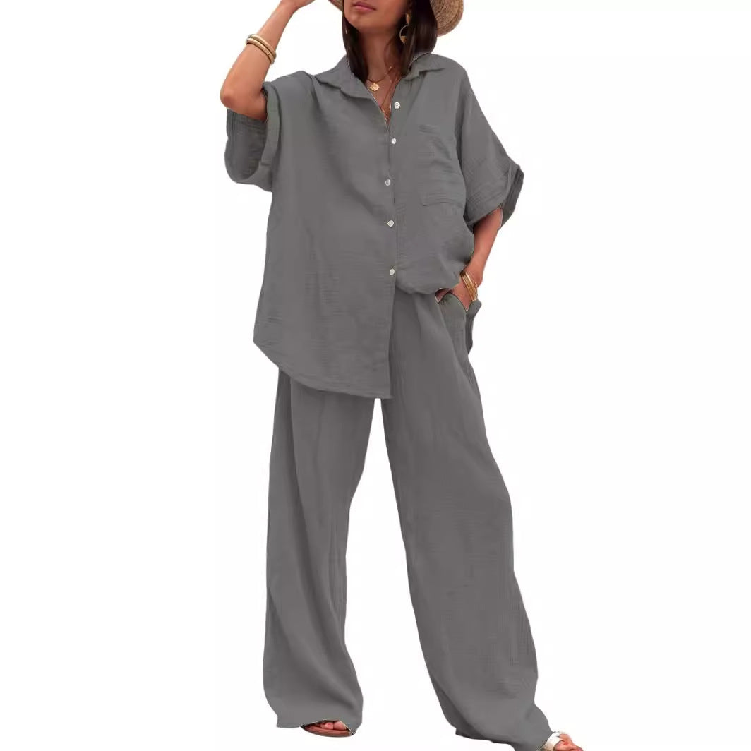 Damen Sommerliches Zweiteiler-Set mit übergroßem Hemd und weiter Hose Drune