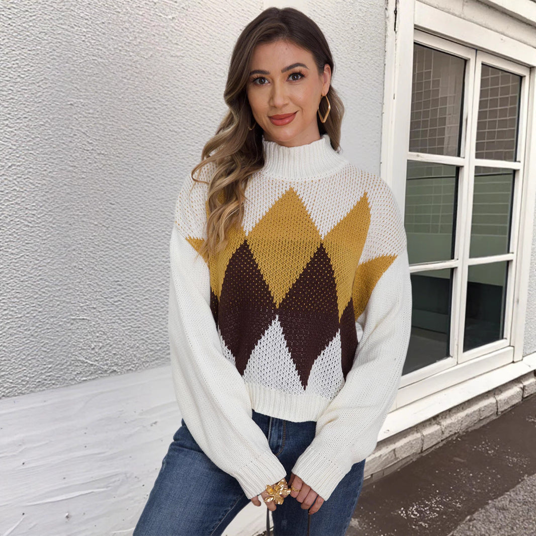 Damen modischer Strickpullover mit geometrischem Muster und hohem Kragen Drune