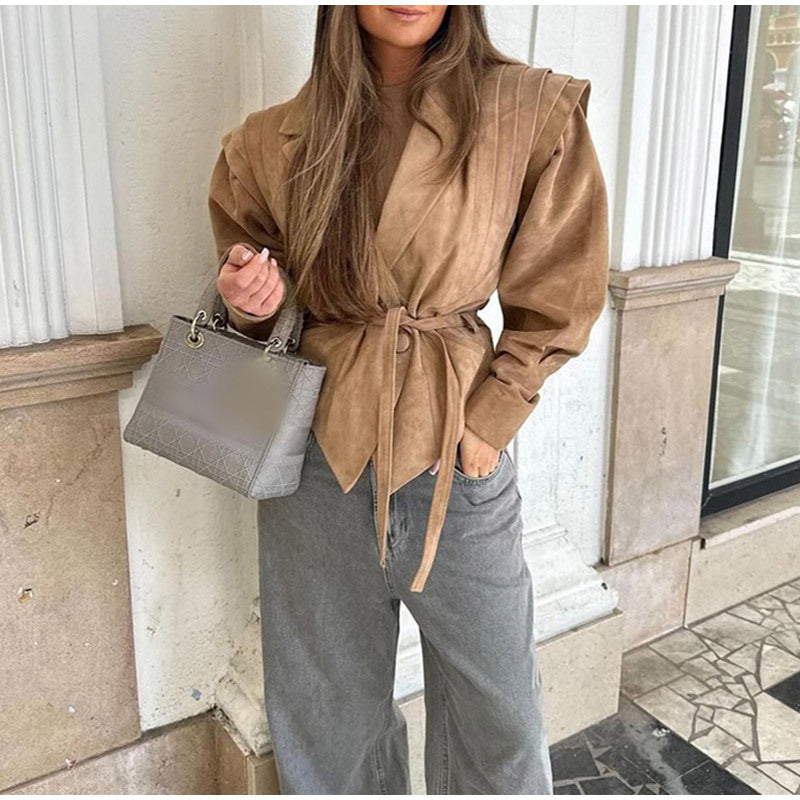 Damen Modischer Blazer mit geglätteten Schulterdetails und Bindegürtel Drune