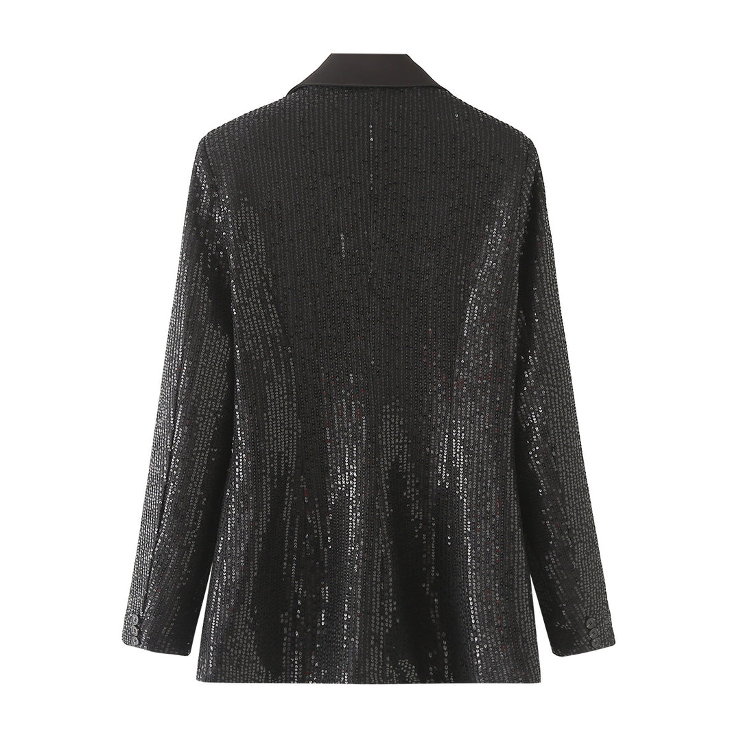 Damen nan taillierter Pailletten-Blazer mit Satin-Schalkragen und Pattentaschen Drune