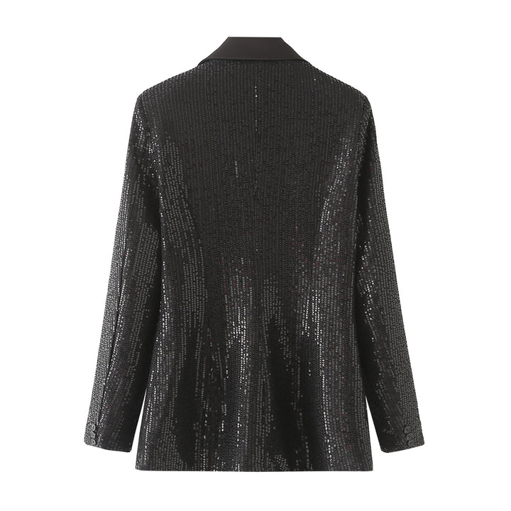 Damen nan taillierter Pailletten-Blazer mit Satin-Schalkragen und Pattentaschen Drune