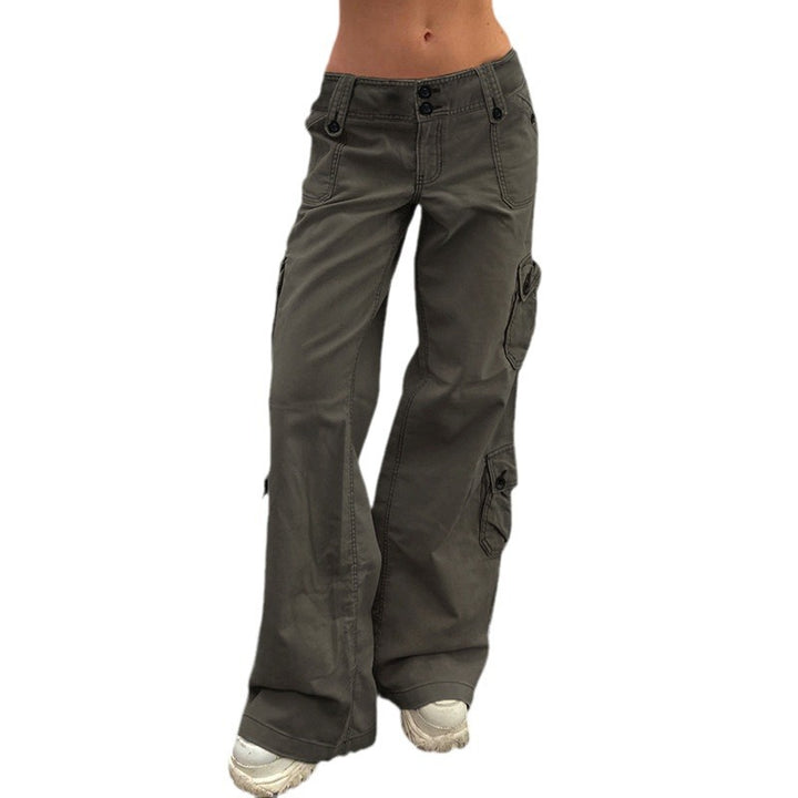 Damen nan hohe Taille Cargo-Hose mit geradem Bein, mehrfachen Klappentaschen und markanten Knopfdetails Drune