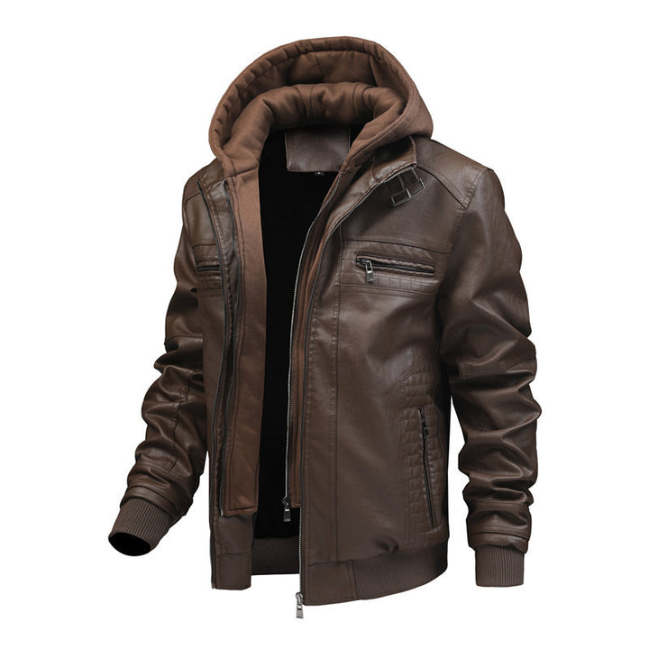 Herren Modische Kunstlederjacke mit integrierter Kapuze Drune
