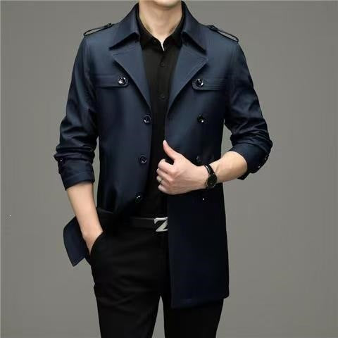 Herren Doppelreihiger taillierter Trenchcoat mit Schulterklappen Drune