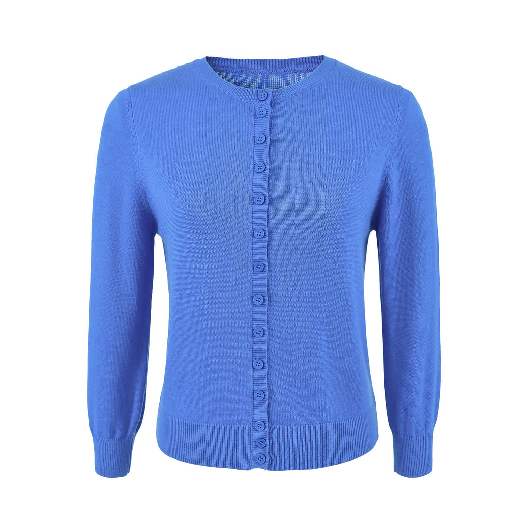 Damen Fein gestrickte Rundhals-Strickjacke mit Knopfleiste und Rippbündchen Drune