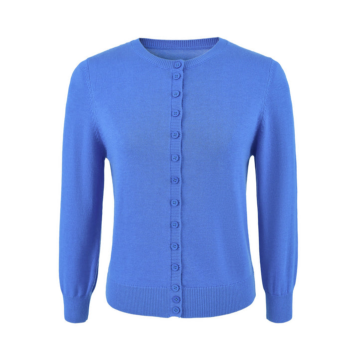Damen Fein gestrickte Rundhals-Strickjacke mit Knopfleiste und Rippbündchen Drune