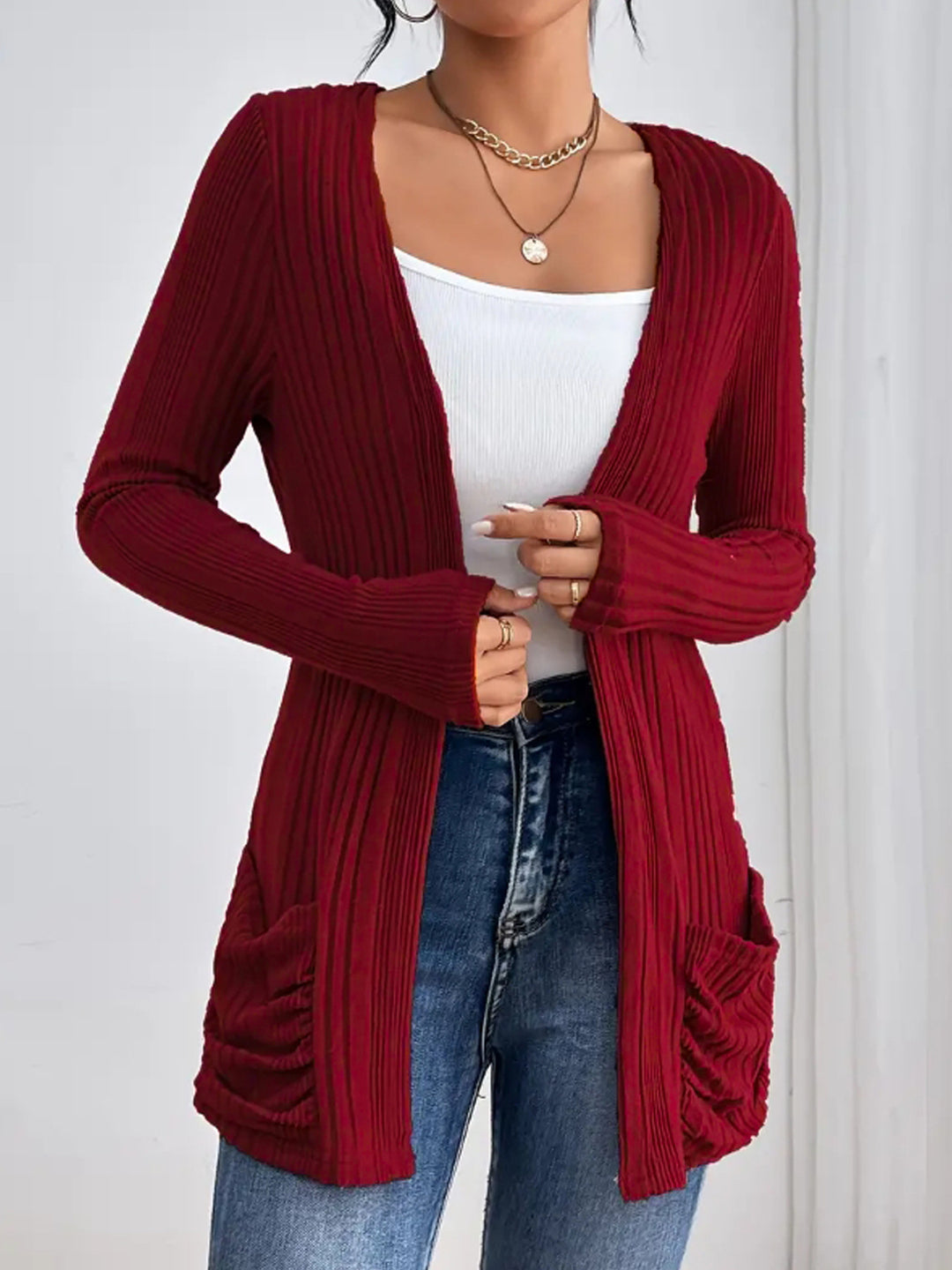 Damen Strickjacke mit raffinierten Rüschen und seitlichen Taschen Drune