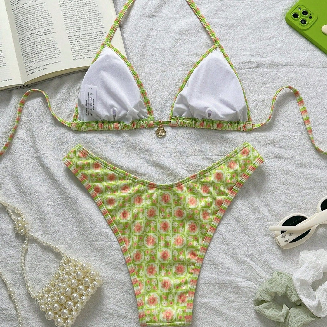 Damen Triangel-Bikini mit frischem Blumendruck und verstellbaren Trägern Drune