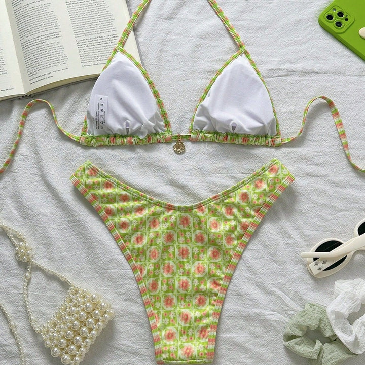 Damen Triangel-Bikini mit frischem Blumendruck und verstellbaren Trägern Drune