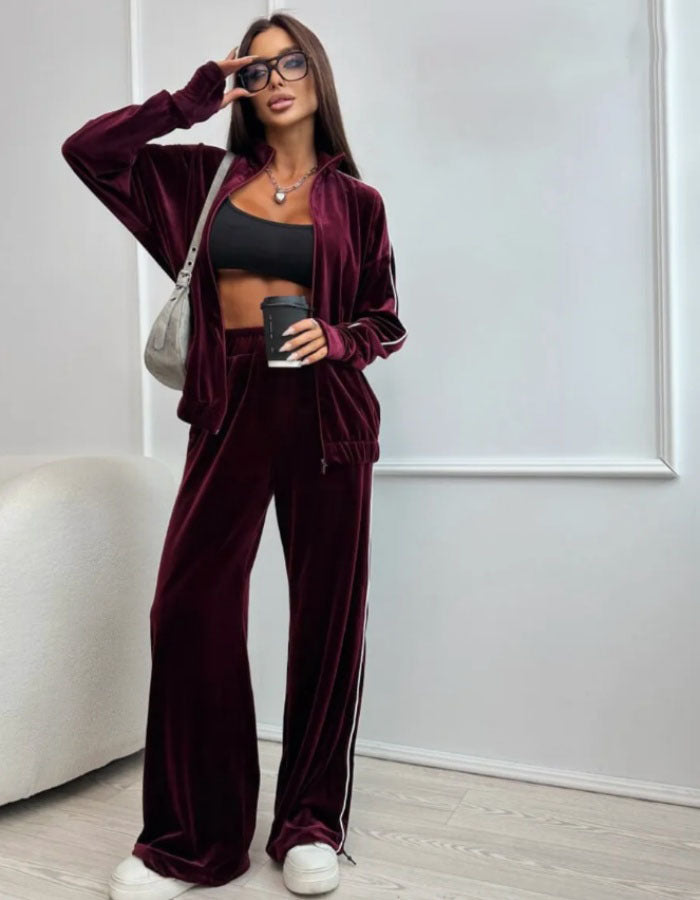Damen eleganter Fleece-Trainingsanzug mit praktischen Taschen und elastischen Bündchen
