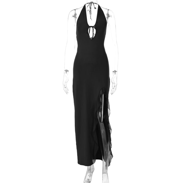 Damen elegantes Halterneck Maxikleid mit seitlichem Rüschen-Schlitz und tiefem V-Ausschnitt Drune