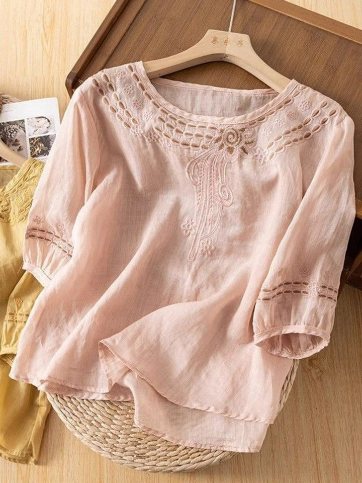 Damen Bestickte Leinenoptik-Bluse mit Rundhalsausschnitt und Dreiviertelärmeln Drune