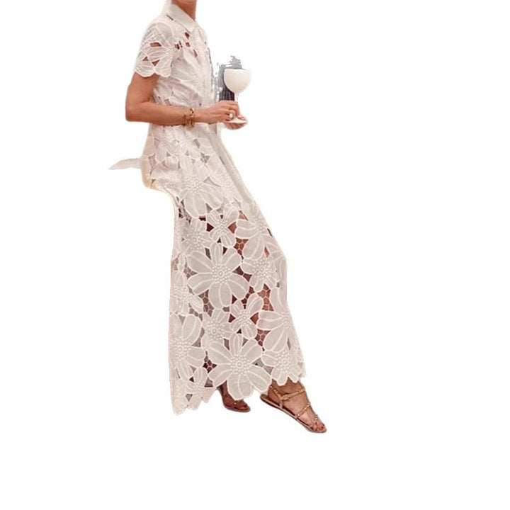 Damen nan langes Spitzenkleid mit Hemdblusenkragen, floraler ausgeschnittener Spitze und Bindegürtel Drune
