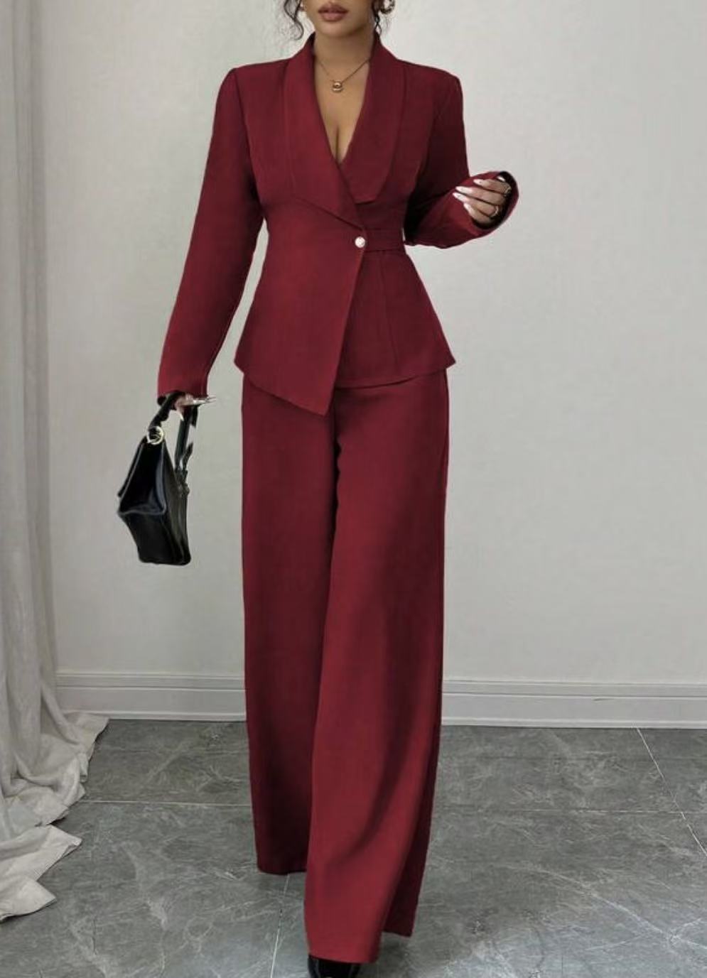 Damen tailliertes Hosenanzug-Set mit asymmetrischem Blazer und weitem Bein Drune