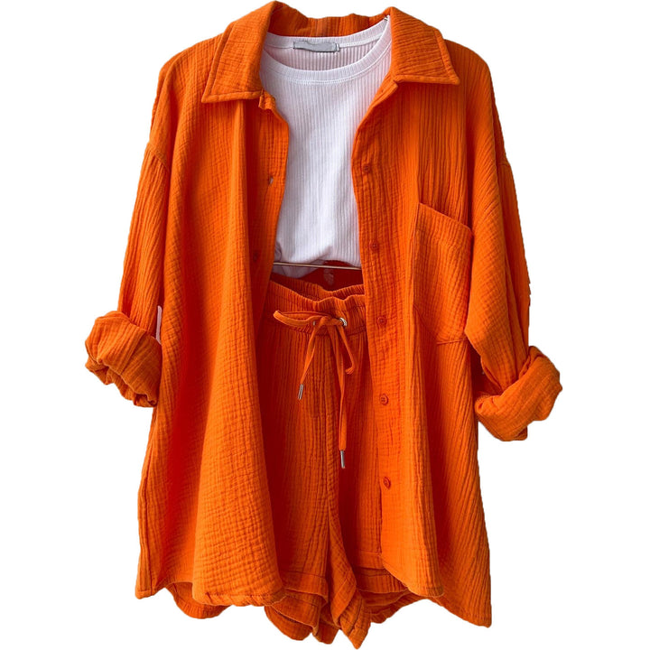 Damen nan lässiges oversized Hemd und Shorts Set mit Brusttasche Kordelbund und gerauter Baumwollstruktur Drune