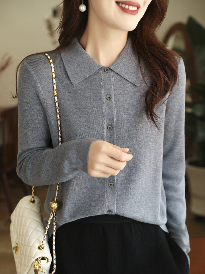 Damen Leichter Feinstrick-Cardigan mit Polokragen und durchgehender Knopfleiste Drune