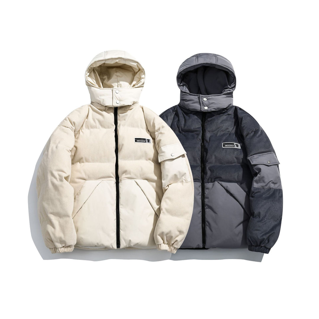 Damen Cord-Stepp-Pufferjacke mit Kapuze und Utility-Ärmeltasche Drune