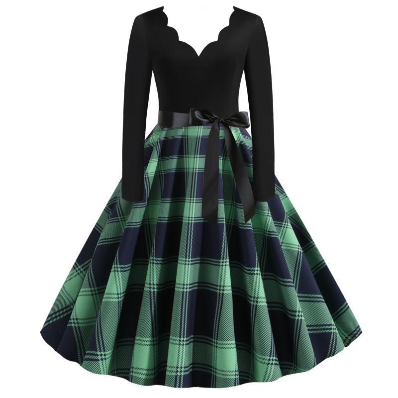 Damen Retro‑Swingkleid mit gezacktem Herzausschnitt, tailliertem Langarmoberteil und karierter Tellerrock Drune