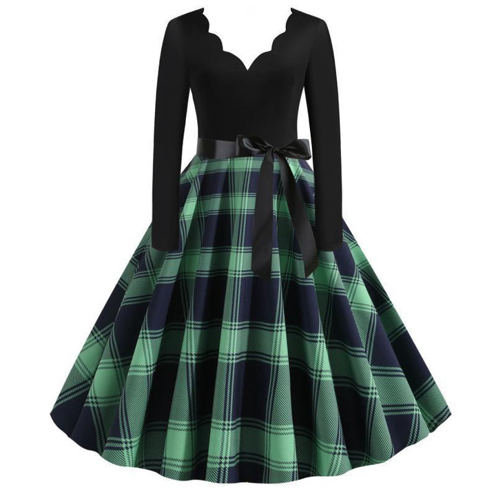 Damen Retro‑Swingkleid mit gezacktem Herzausschnitt, tailliertem Langarmoberteil und karierter Tellerrock Drune
