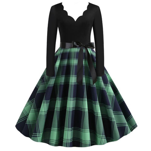 Damen Retro‑Swingkleid mit gezacktem Herzausschnitt, tailliertem Langarmoberteil und karierter Tellerrock Drune