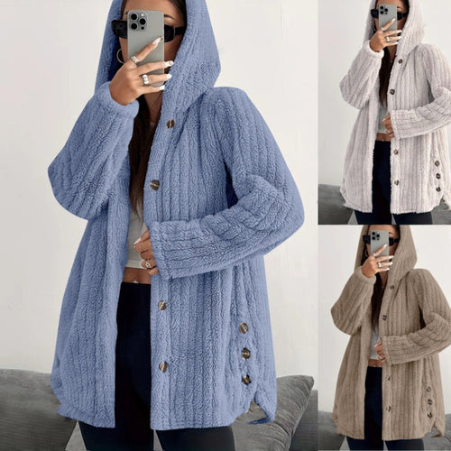 Damen Kapuzen-Teddy-Mantel mit Knopfleiste und Oversize-Schnitt Drune