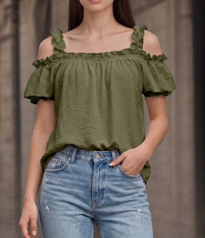Damen Schulterfreies Crinkle-Top mit Smok-Bandeau, Rüschen‑Trägern und Flügelärmeln Drune