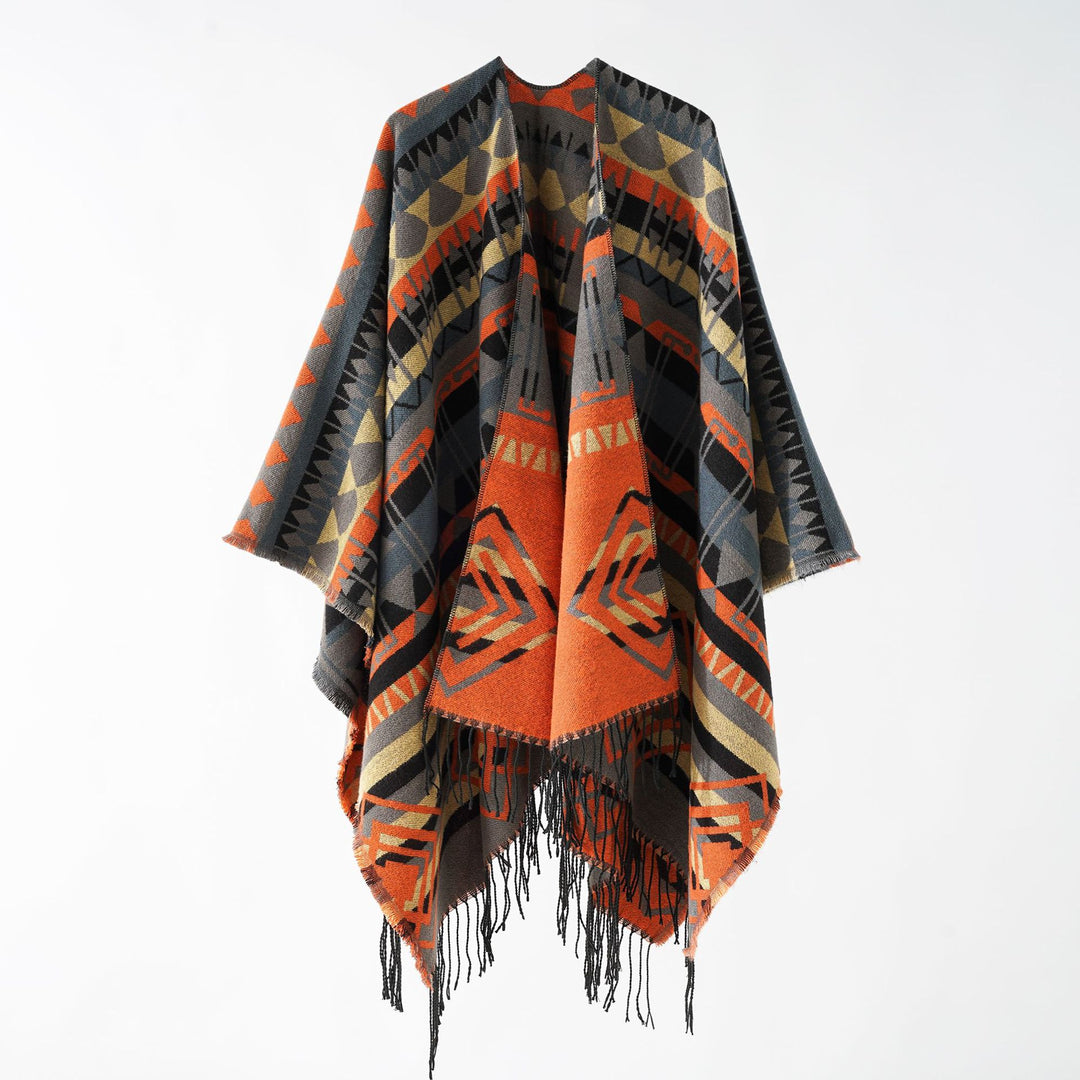 Damen Gewebter Fransenponcho mit Ethno-Jacquard und Oversize-Fall Drune
