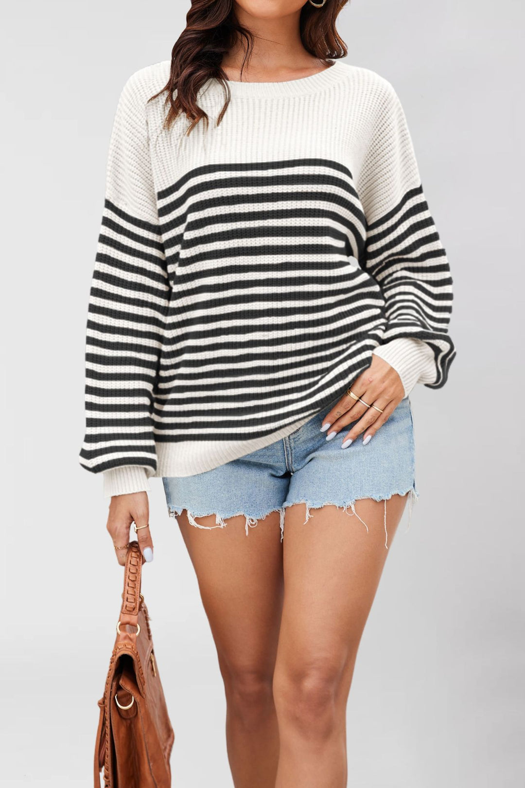 Damen lässiger Struktur-Pullover mit Streifenmuster Drune