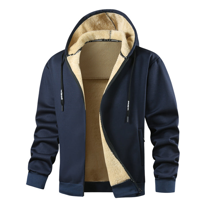 Herren Kapuzen-Sweatjacke mit wärmender Teddy-Innenfütterung, Zwei-Wege-Reißverschluss & gerippten Bündchen Drune