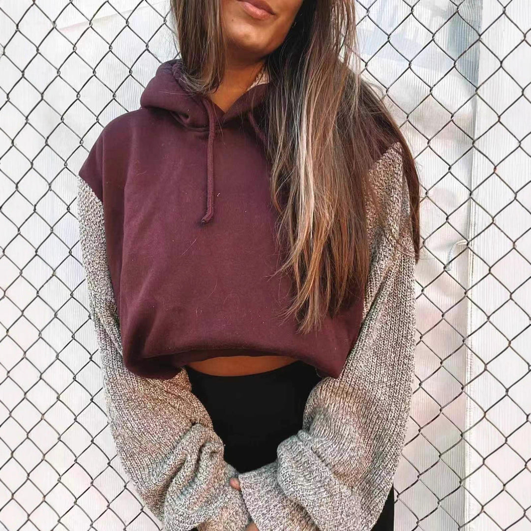 Damen nan Kapuzen-Cropped-Pullover mit weitgeschnittenen Strickärmeln und Kordelzug Drune