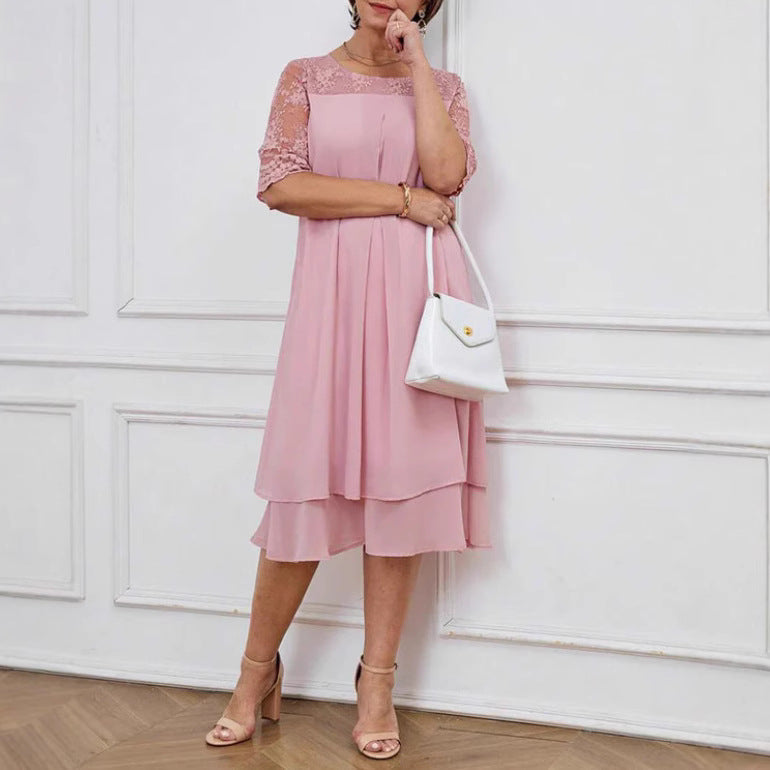 Damen nan A-Linien-Chiffonkleid mit floral bestickter Spitzenpasse, verdeckter Mittelnahtfalte und mehrlagigem Volant Drune