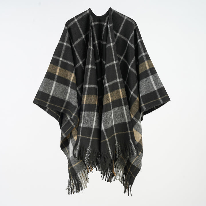 Damen Weicher Wollmix-Überwurfponcho im tartan-inspirierten Karo mit Fransen Drune