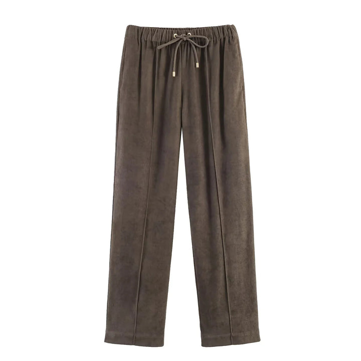 Damen nan gerade geschnittene Velourslederimitat-Hose mit Elastikbund und Kordel Drune