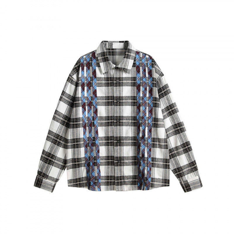 Unisex Boxy-Overshirt aus gebürsteter Baumwollmischung mit Karomuster und kontrastierenden Zopfpaneelen Drune