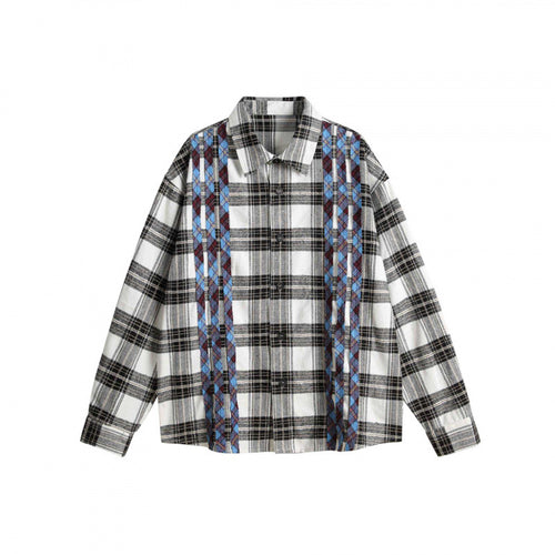 Unisex Boxy-Overshirt aus gebürsteter Baumwollmischung mit Karomuster und kontrastierenden Zopfpaneelen Drune