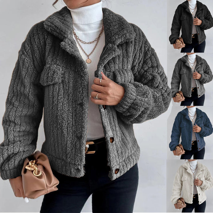Damen nan kuschelige Teddyjacke mit Hemdkragen, Druckknopfverschluss und aufgesetzten Brusttaschen Drune