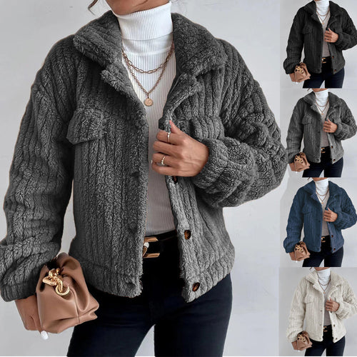 Damen nan kuschelige Teddyjacke mit Hemdkragen, Druckknopfverschluss und aufgesetzten Brusttaschen Drune