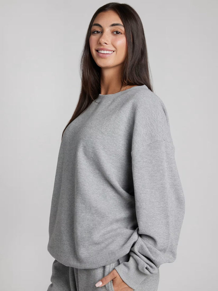 Damen geräumiges Waffelstrick-Loungewear-Set mit Rundhalsausschnitt und Tunnelzughose Drune