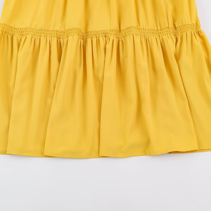 Damen Rüschen-Midikleid mit hohem Stehkragen, Stufenrock und Taillen-Smock Drune
