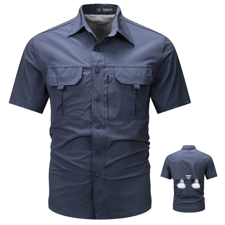 Men's  tactical short sleeve button shirt with dual flap chest pockets and discreet zip utility pocket Drune