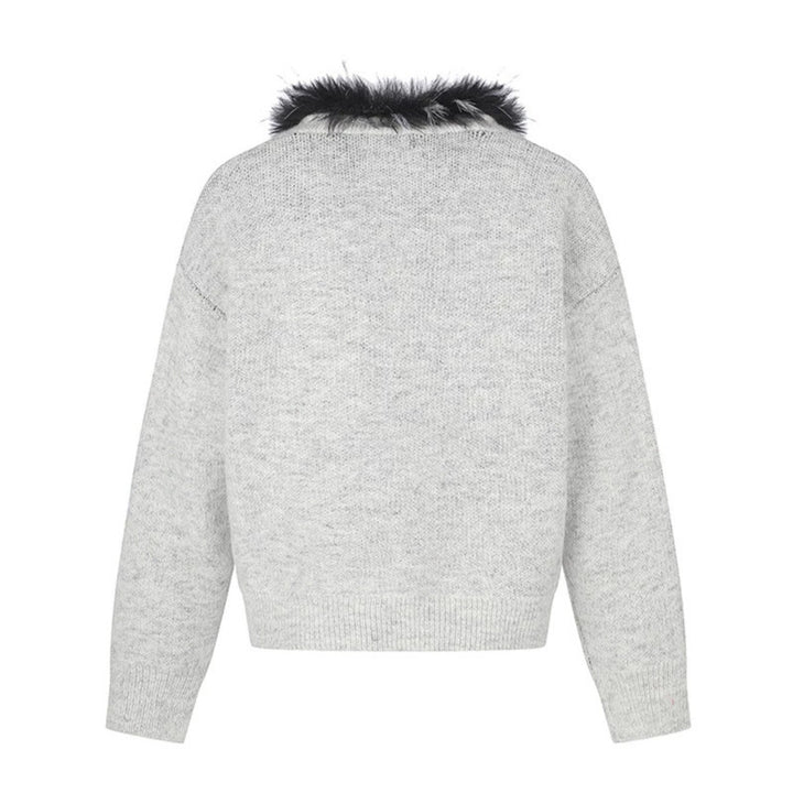 Damen Strickjacke mit Kunstfellkragen und illustrativem Hundemotiv Drune