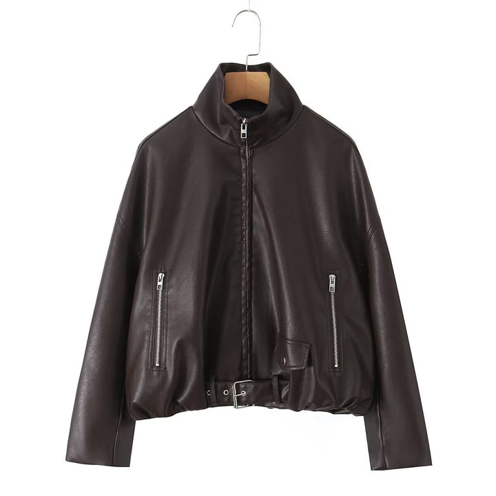 Damen Kunstlederjacke mit hohem Kragen und einzigartigem Design Drune