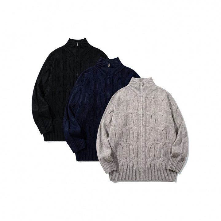 Unisex Grobgestrickter Reißverschluss-Cardigan mit Zopfmuster und hohem Rippkragen Drune